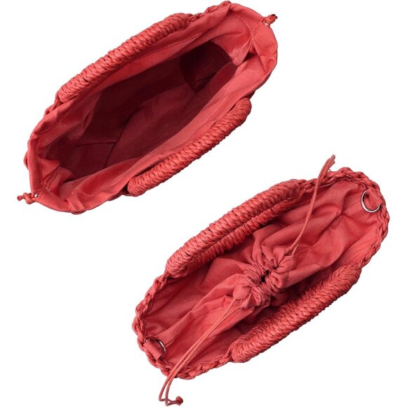 Women's Red Straw Beach Woven Cross Body Shoulder Top Handle Satchel Handbag - Picture 5 of 6